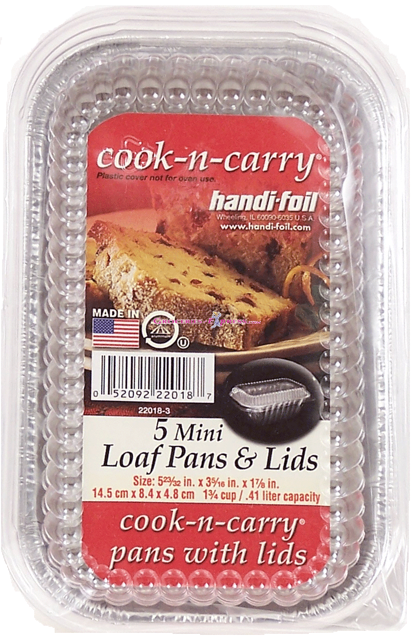 Handi-foil Cook-n-carry 5 mini loaf pans & lids, size 5 23/22 in x 3 5/16in x 1 7/8in Full-Size Picture